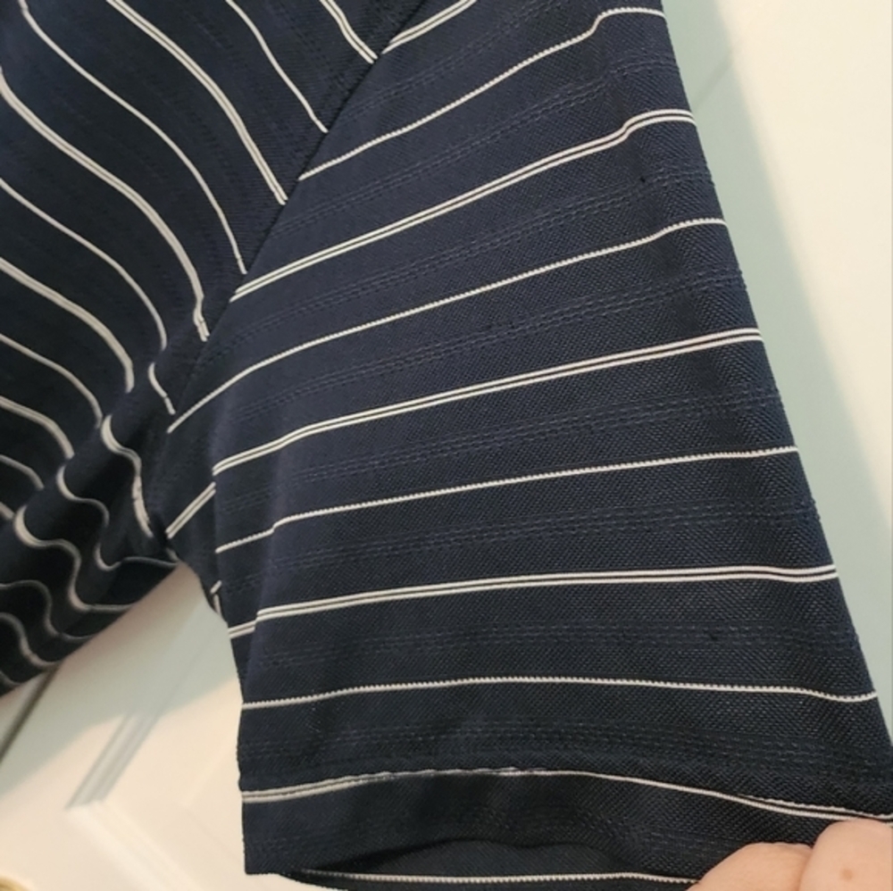 Navy Striped Pique Men's Collared Polo 3 top buttons. Large - Picture 7 of 10